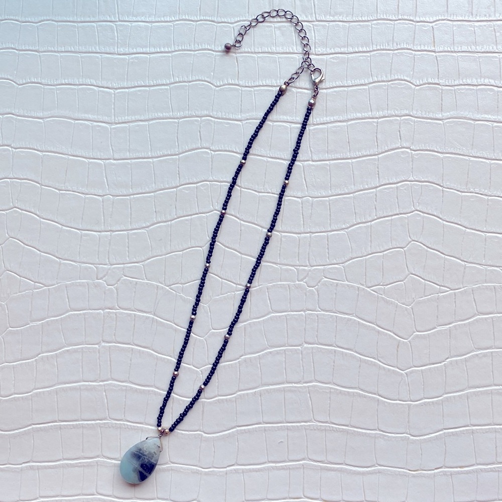 Black Beaded Necklace with Light Blue Stone Pendant - Picture 3 of 4